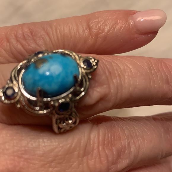 NWT Turquoise, Blue Sapphire Ring in Platinum over Sterling Silver 6.21 ctw - Picture 2 of 7